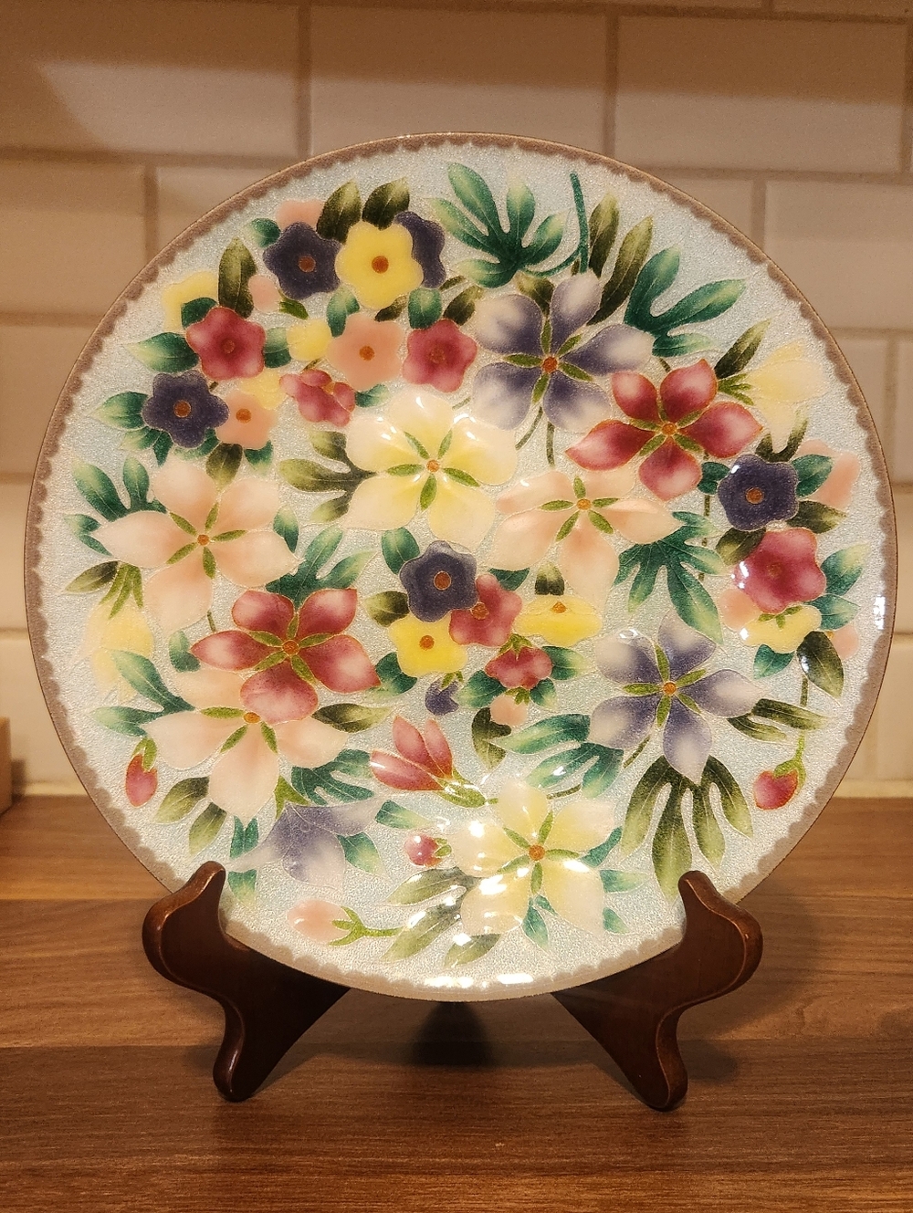Vintage Tutanka Hand-Painted Floral Enamel Decorative Plate-Japan
